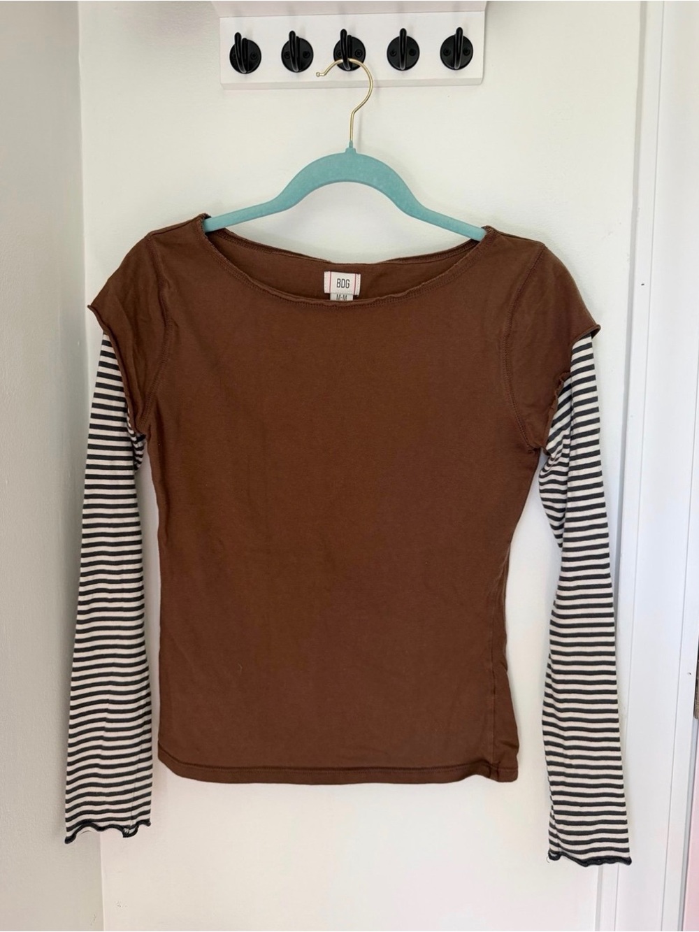 BDG Brown Layered-Look Long Sleeve Top with Black and White Striped Sleeves